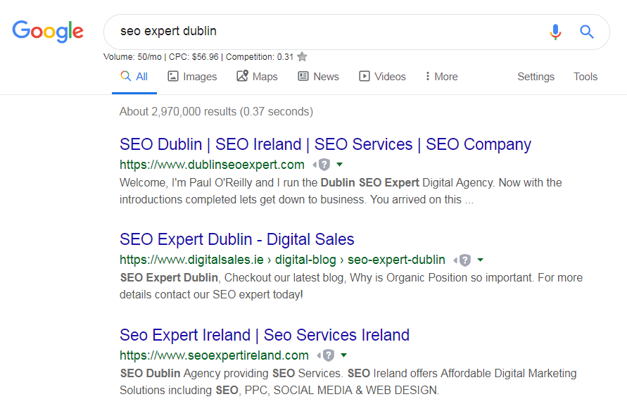 SEO Expert Dublin – Organic Position 2 – August 22nd 2019