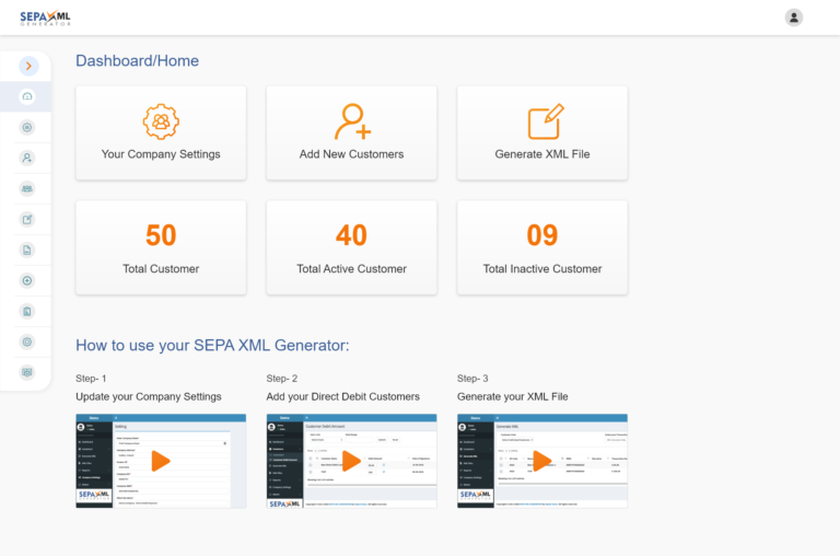 Dashboard-Home Short Menu - SEPA XML GENERATOR