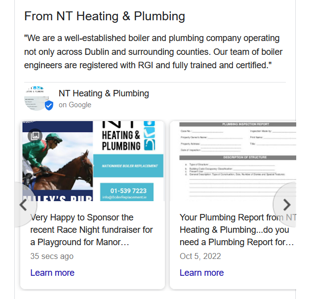 NT Heating & Plumbing updating their GMB Account with Backlink